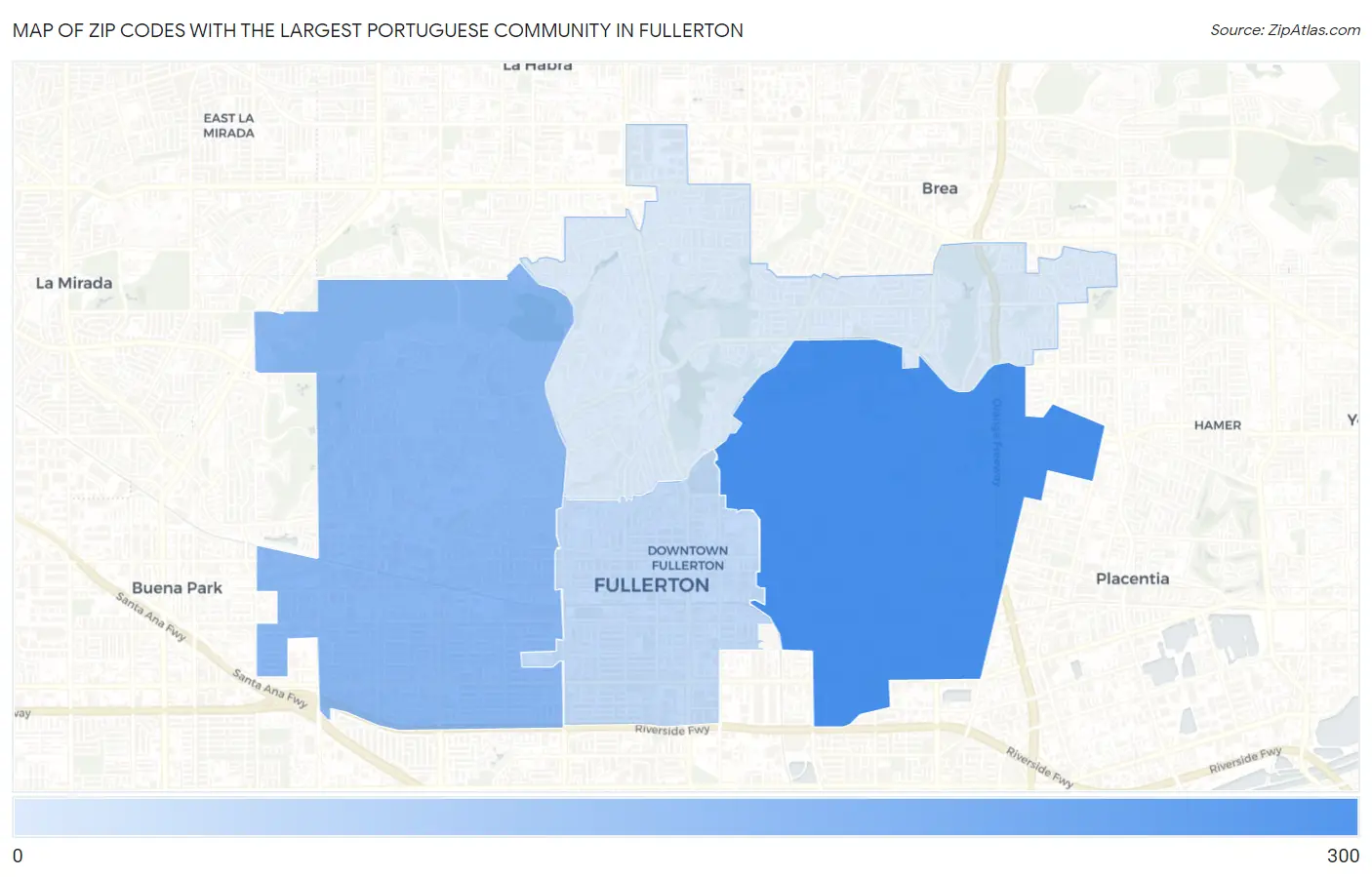 Zip Codes with the Largest Portuguese Community in Fullerton Map