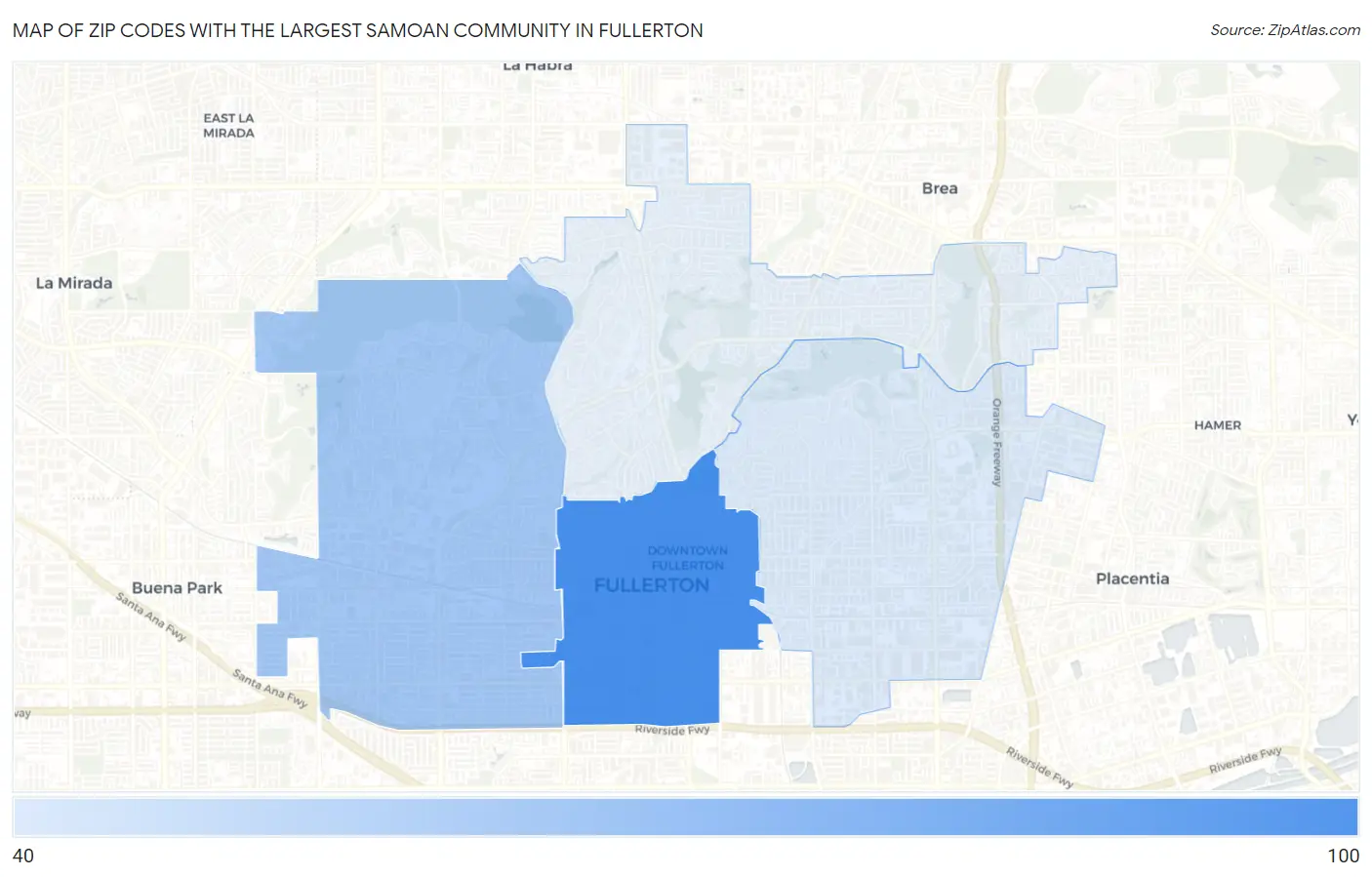 Zip Codes with the Largest Samoan Community in Fullerton Map