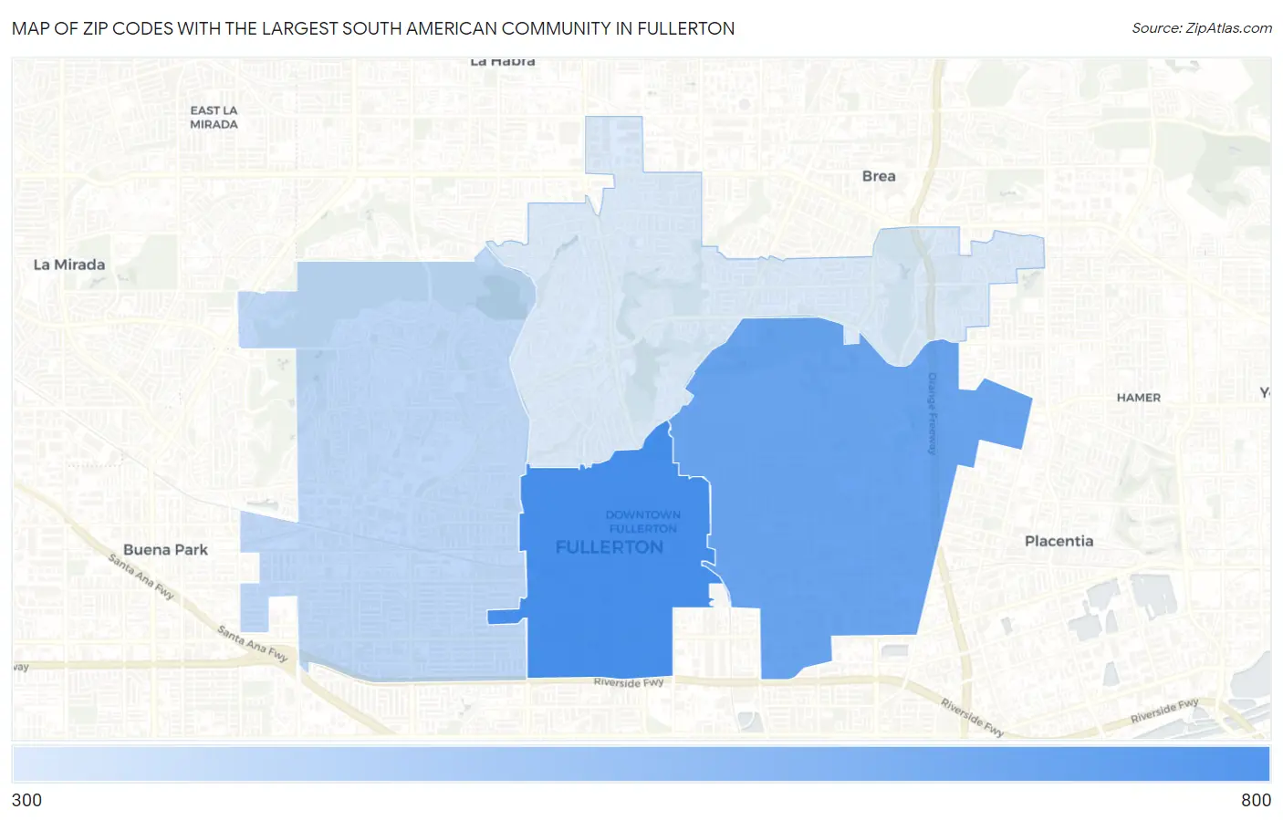 Zip Codes with the Largest South American Community in Fullerton Map