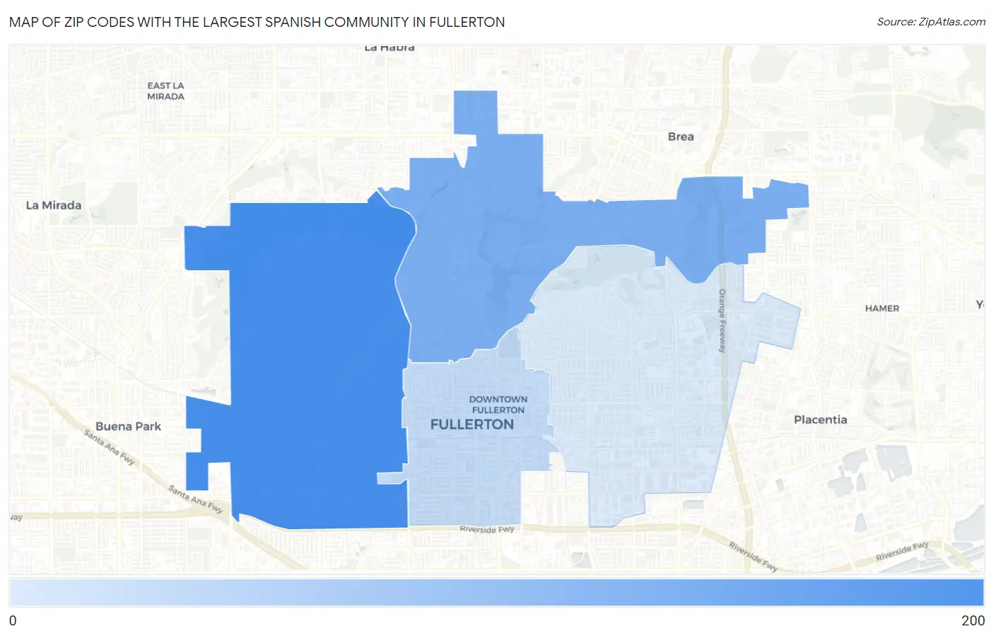 Zip Codes with the Largest Spanish Community in Fullerton Map