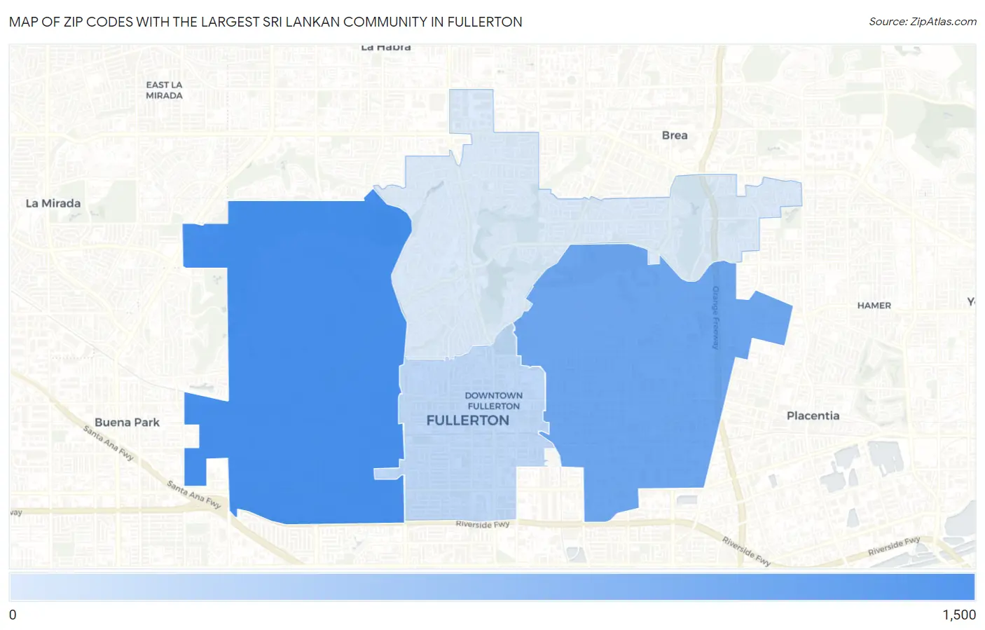 Zip Codes with the Largest Sri Lankan Community in Fullerton Map