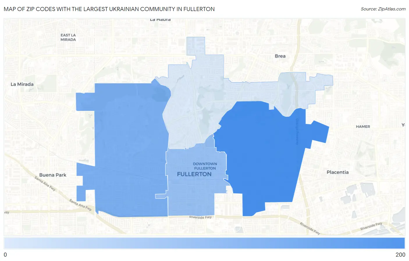 Zip Codes with the Largest Ukrainian Community in Fullerton Map