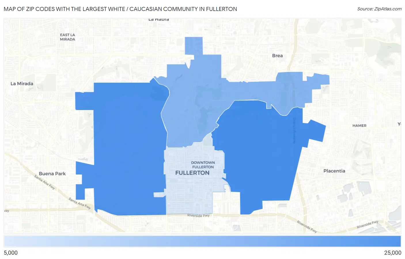 Zip Codes with the Largest White / Caucasian Community in Fullerton Map
