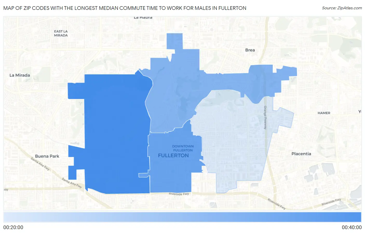 Zip Codes with the Longest Median Commute Time to Work for Males in Fullerton Map