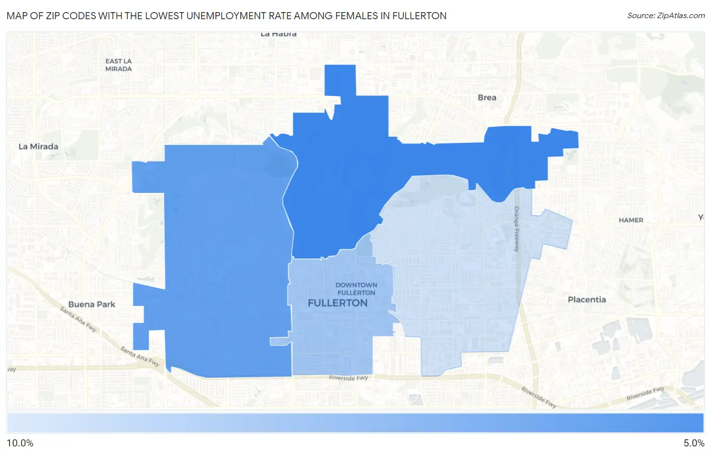 Zip Codes with the Lowest Unemployment Rate Among Females in Fullerton Map