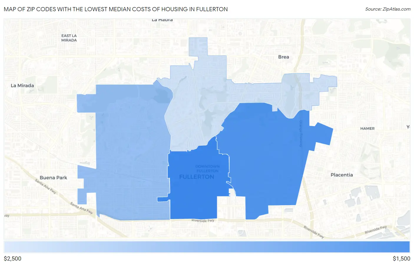 Zip Codes with the Lowest Median Costs of Housing in Fullerton Map