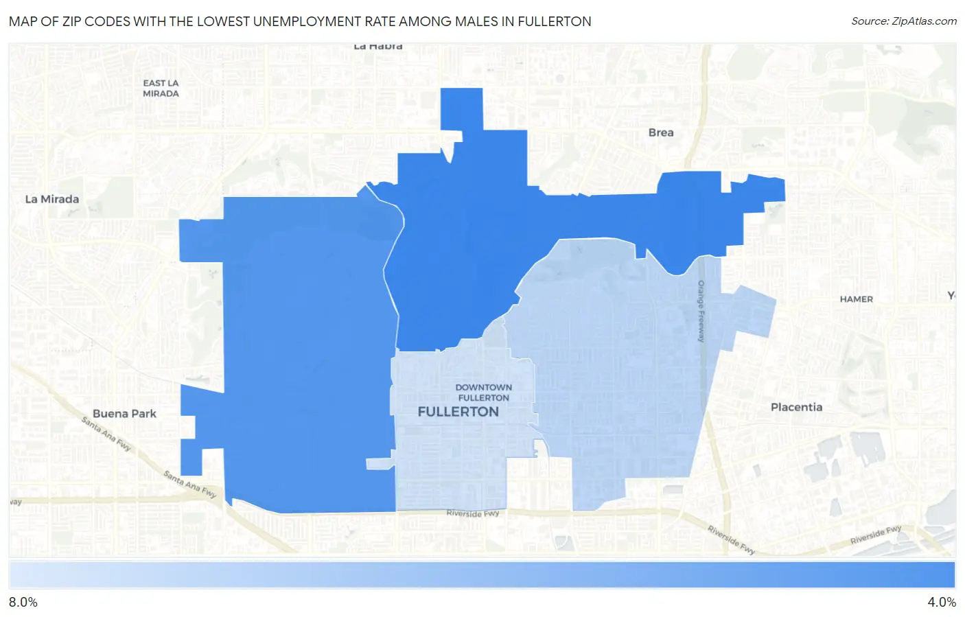 Zip Codes with the Lowest Unemployment Rate Among Males in Fullerton Map