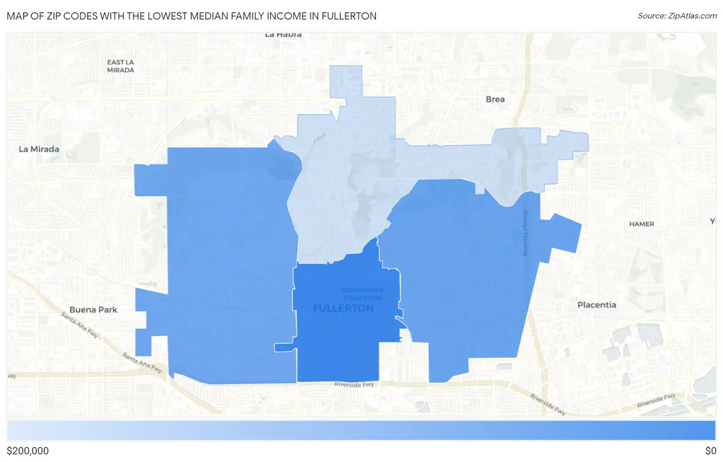 Zip Codes with the Lowest Median Family Income in Fullerton Map