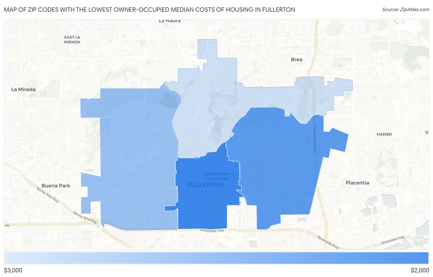 Zip Codes with the Lowest Owner-Occupied Median Costs of Housing in Fullerton Map