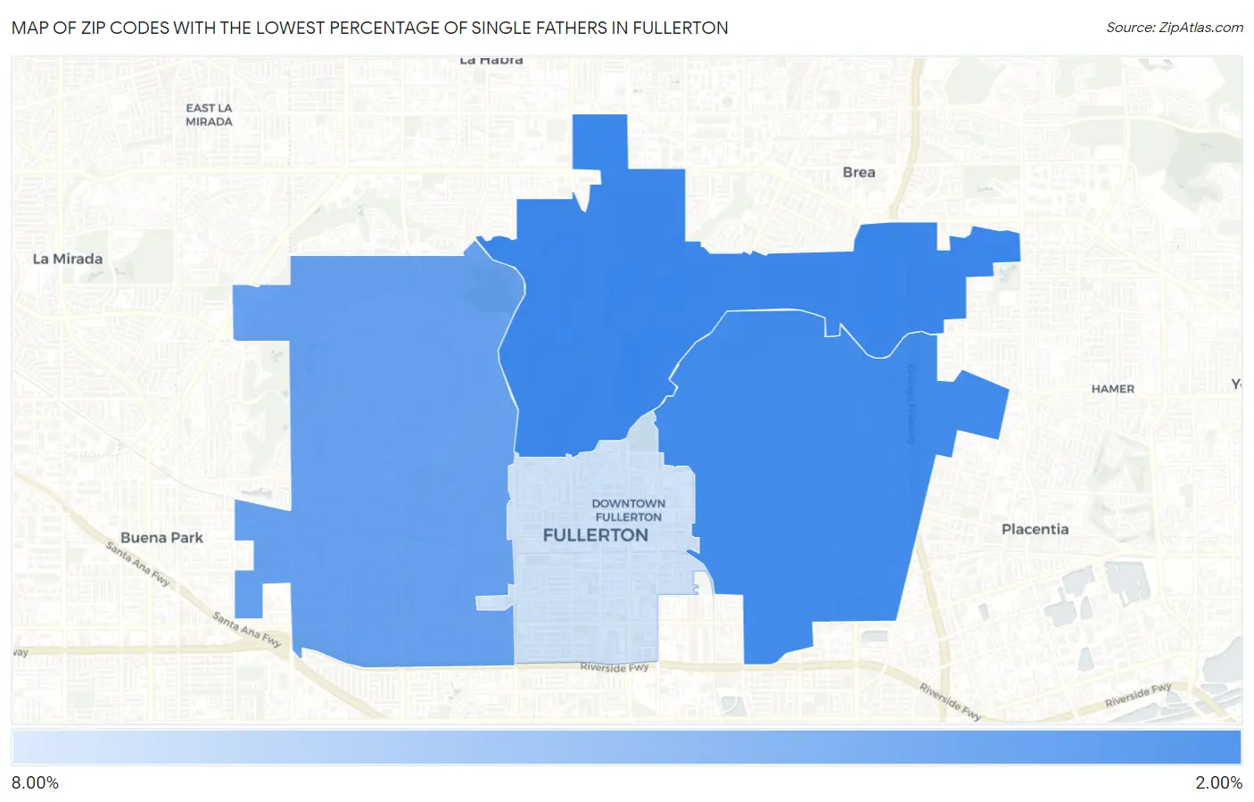 Zip Codes with the Lowest Percentage of Single Fathers in Fullerton Map