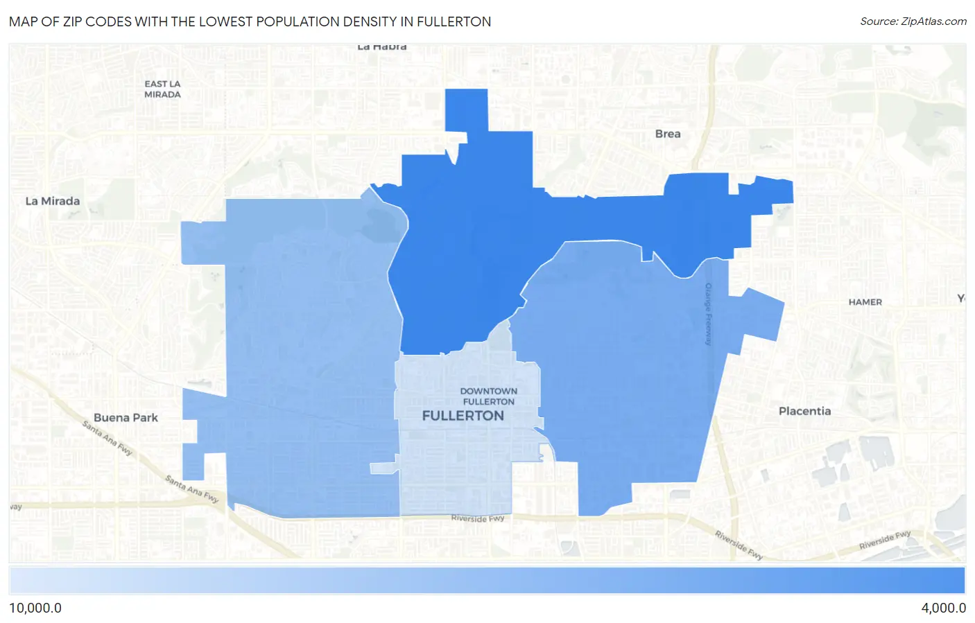 Zip Codes with the Lowest Population Density in Fullerton Map