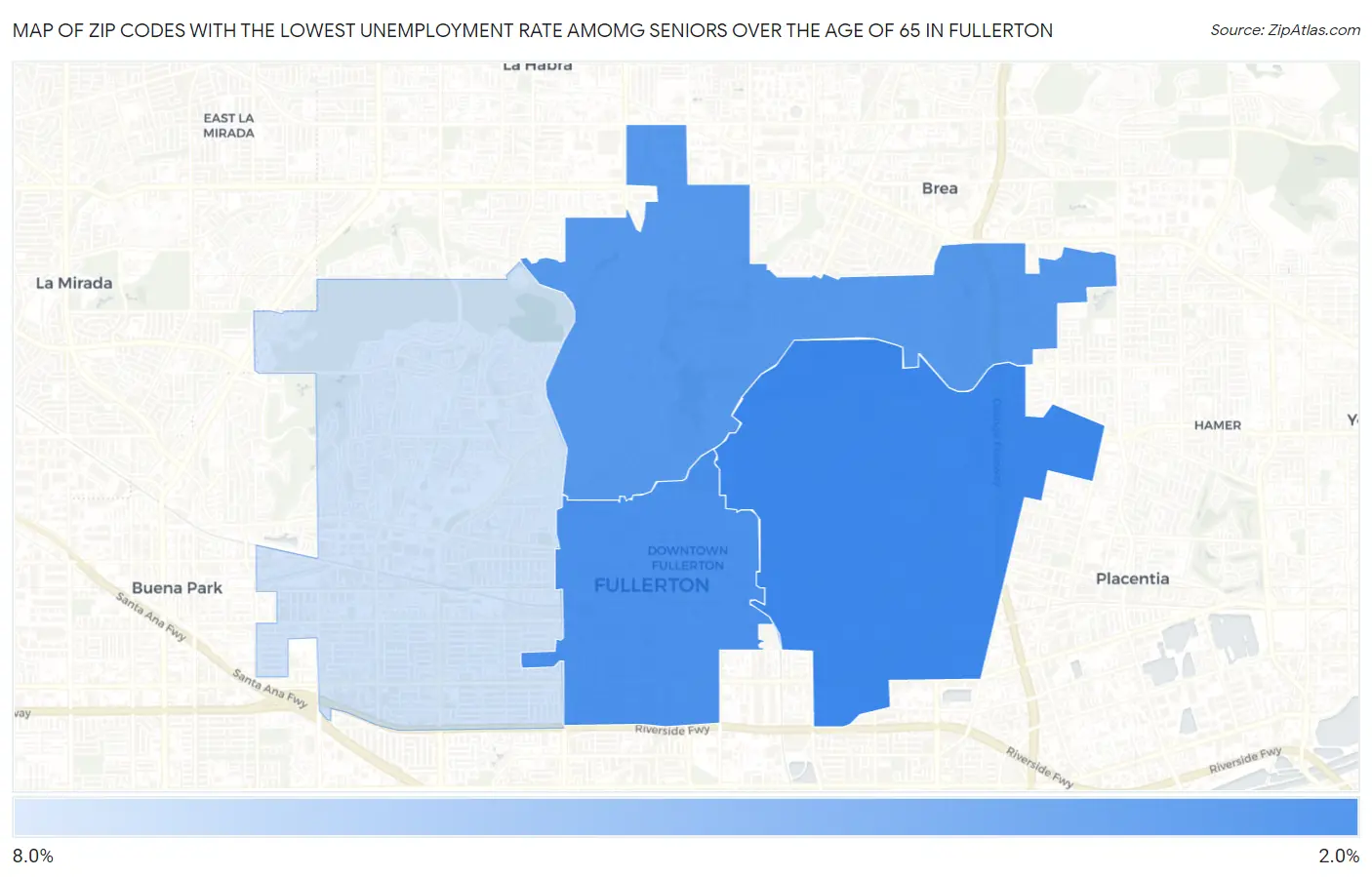 Zip Codes with the Lowest Unemployment Rate Amomg Seniors Over the Age of 65 in Fullerton Map