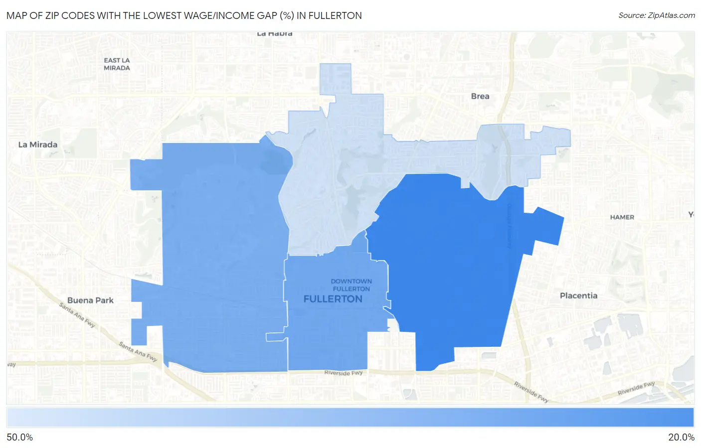 Zip Codes with the Lowest Wage/Income Gap (%) in Fullerton Map