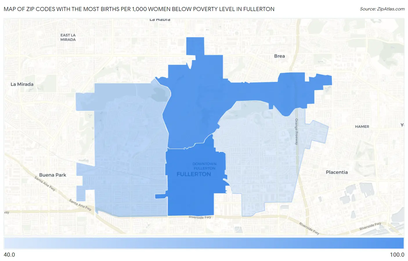 Zip Codes with the Most Births per 1,000 Women Below Poverty Level in Fullerton Map