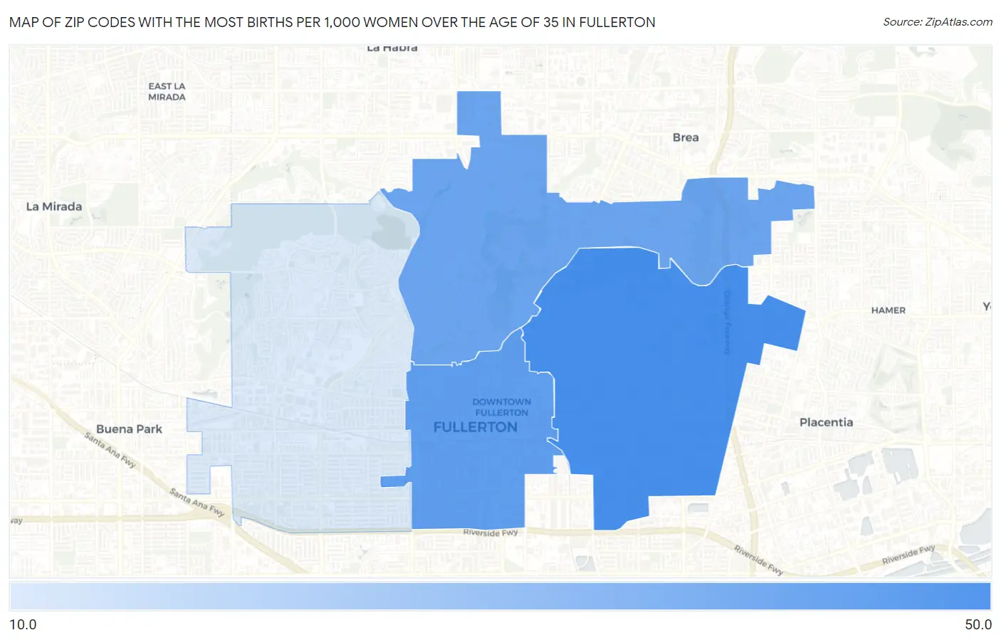 Zip Codes with the Most Births per 1,000 Women Over the Age of 35 in Fullerton Map