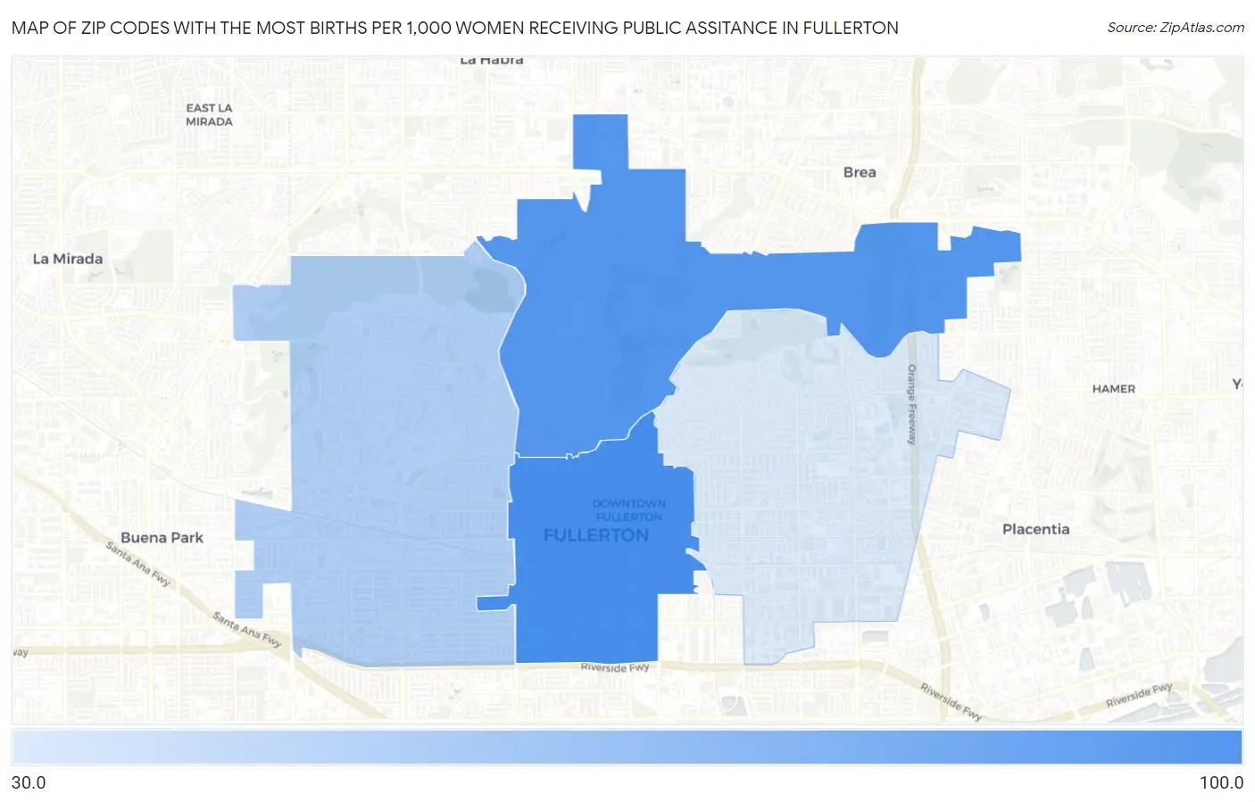 Zip Codes with the Most Births per 1,000 Women Receiving Public Assitance in Fullerton Map