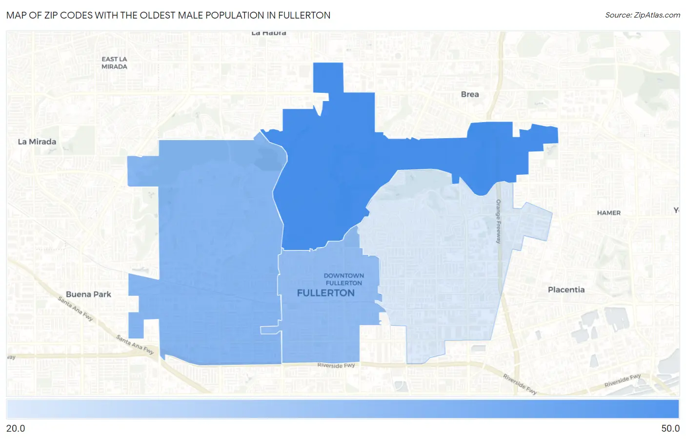 Zip Codes with the Oldest Male Population in Fullerton Map