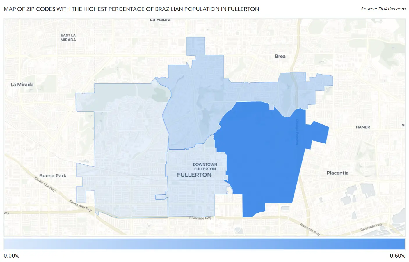 Zip Codes with the Highest Percentage of Brazilian Population in Fullerton Map