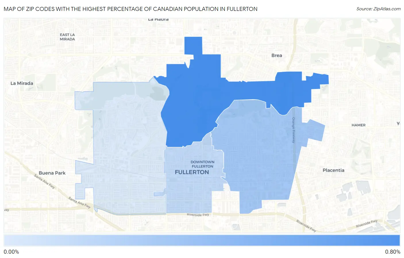 Zip Codes with the Highest Percentage of Canadian Population in Fullerton Map
