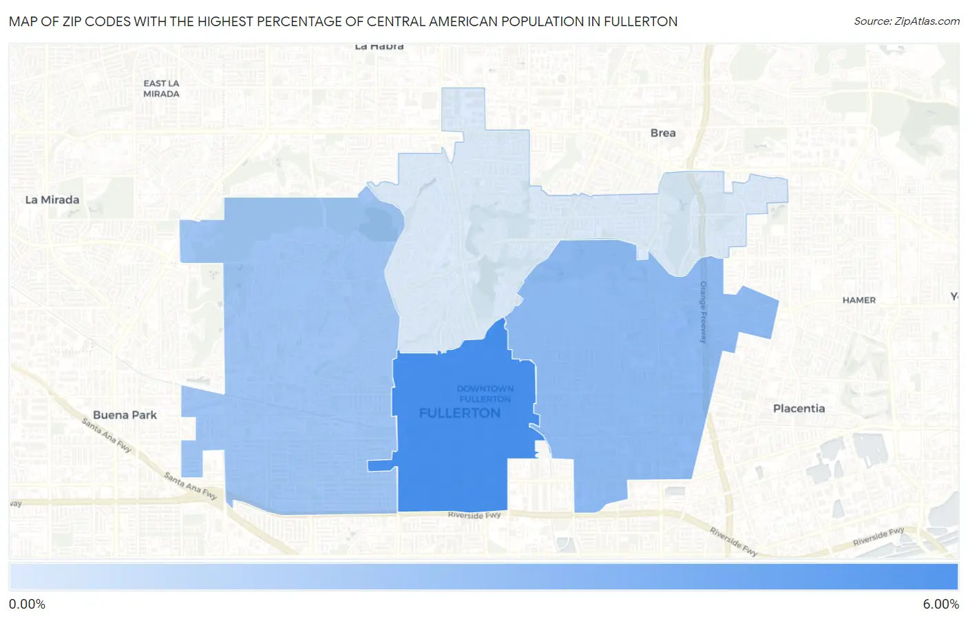 Zip Codes with the Highest Percentage of Central American Population in Fullerton Map