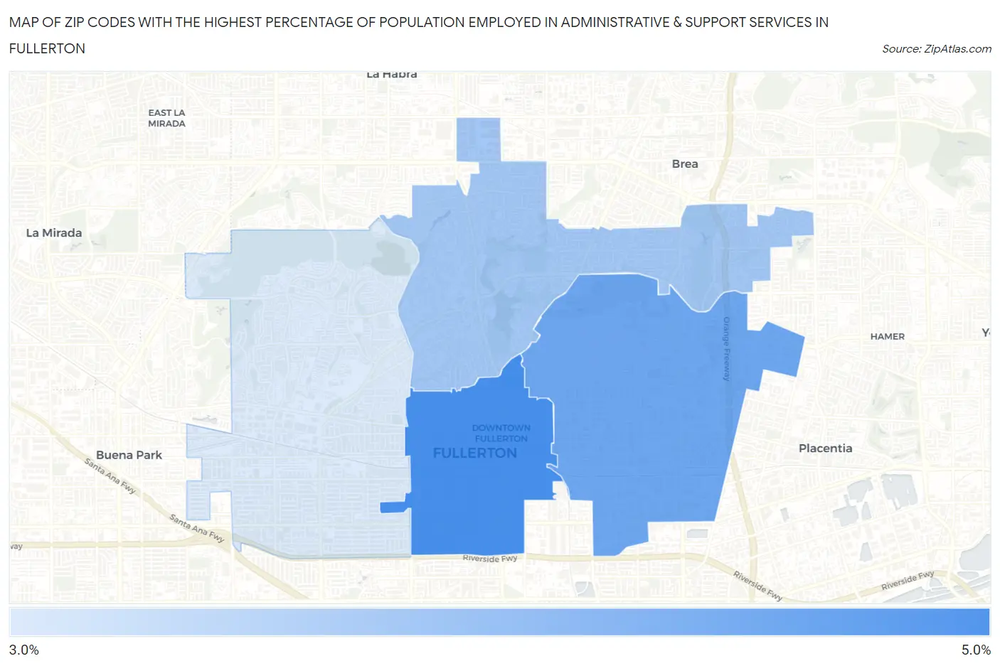 Zip Codes with the Highest Percentage of Population Employed in Administrative & Support Services in Fullerton Map