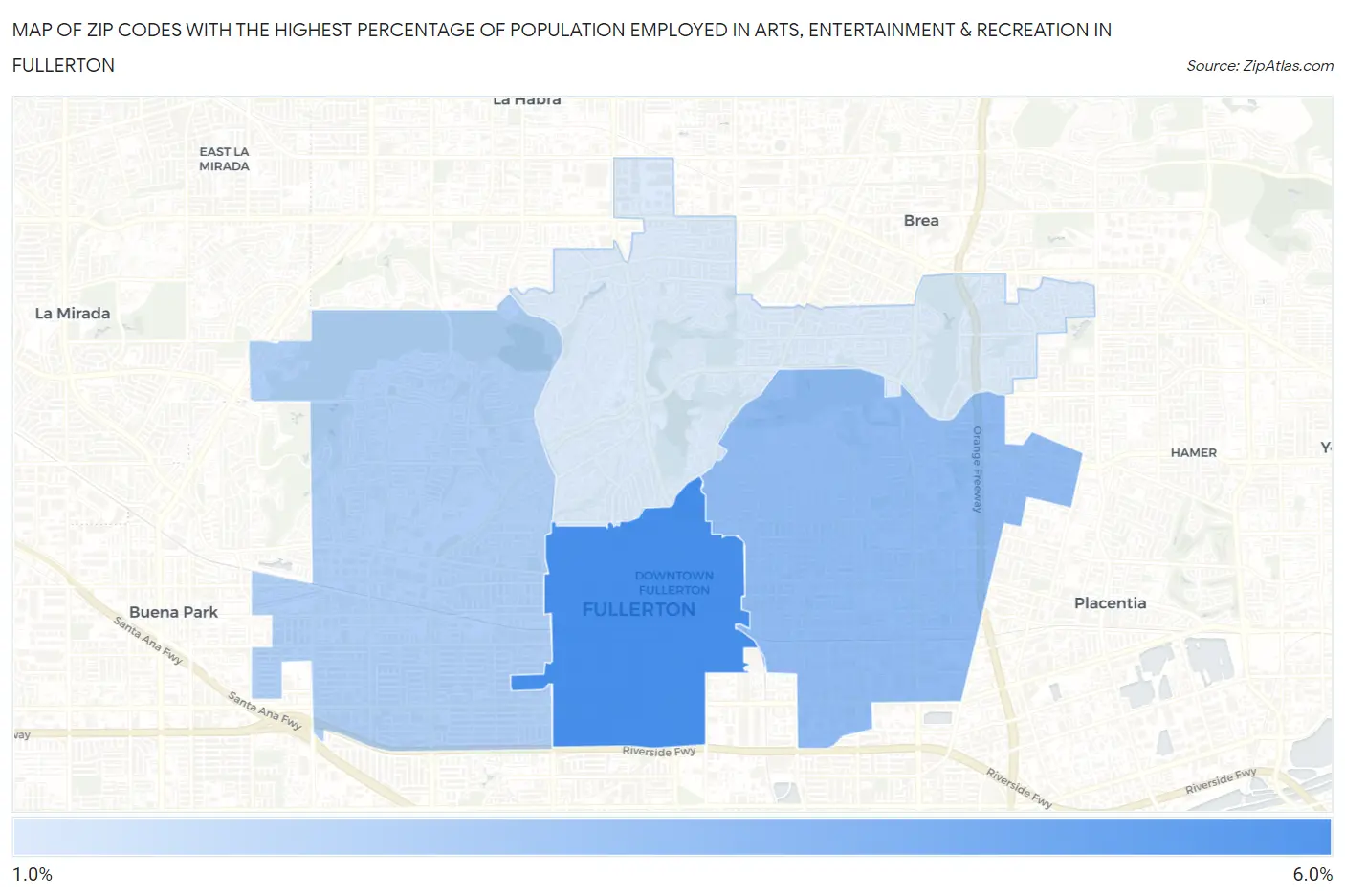 Zip Codes with the Highest Percentage of Population Employed in Arts, Entertainment & Recreation in Fullerton Map