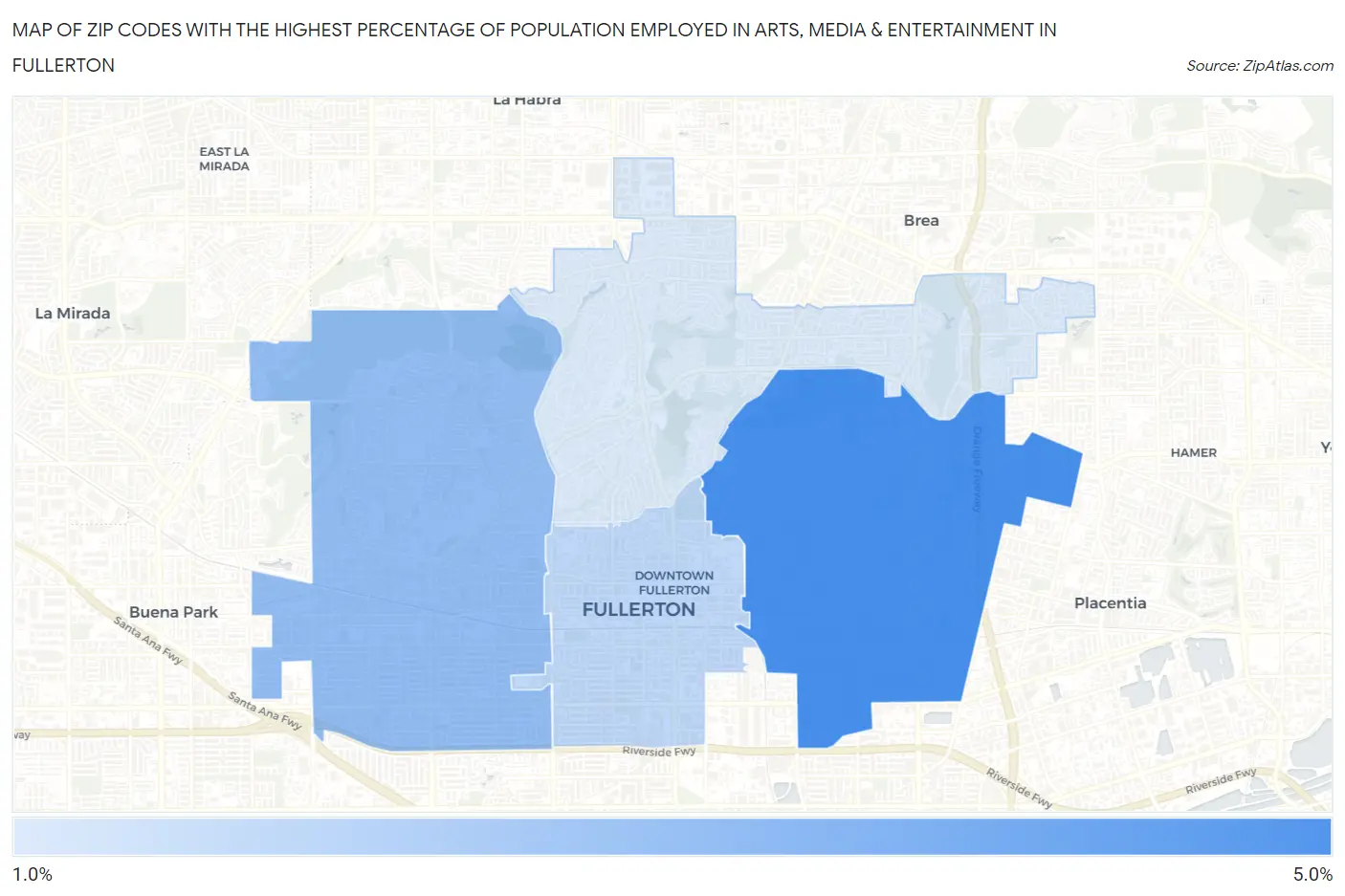 Zip Codes with the Highest Percentage of Population Employed in Arts, Media & Entertainment in Fullerton Map