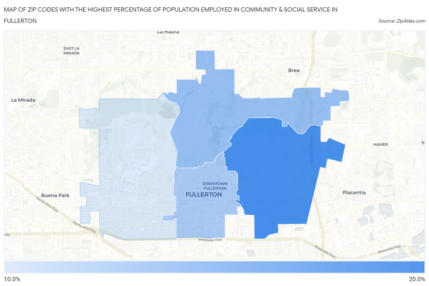 Zip Codes with the Highest Percentage of Population Employed in Community & Social Service  in Fullerton Map
