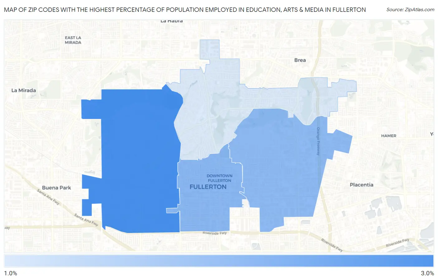Zip Codes with the Highest Percentage of Population Employed in Education, Arts & Media in Fullerton Map