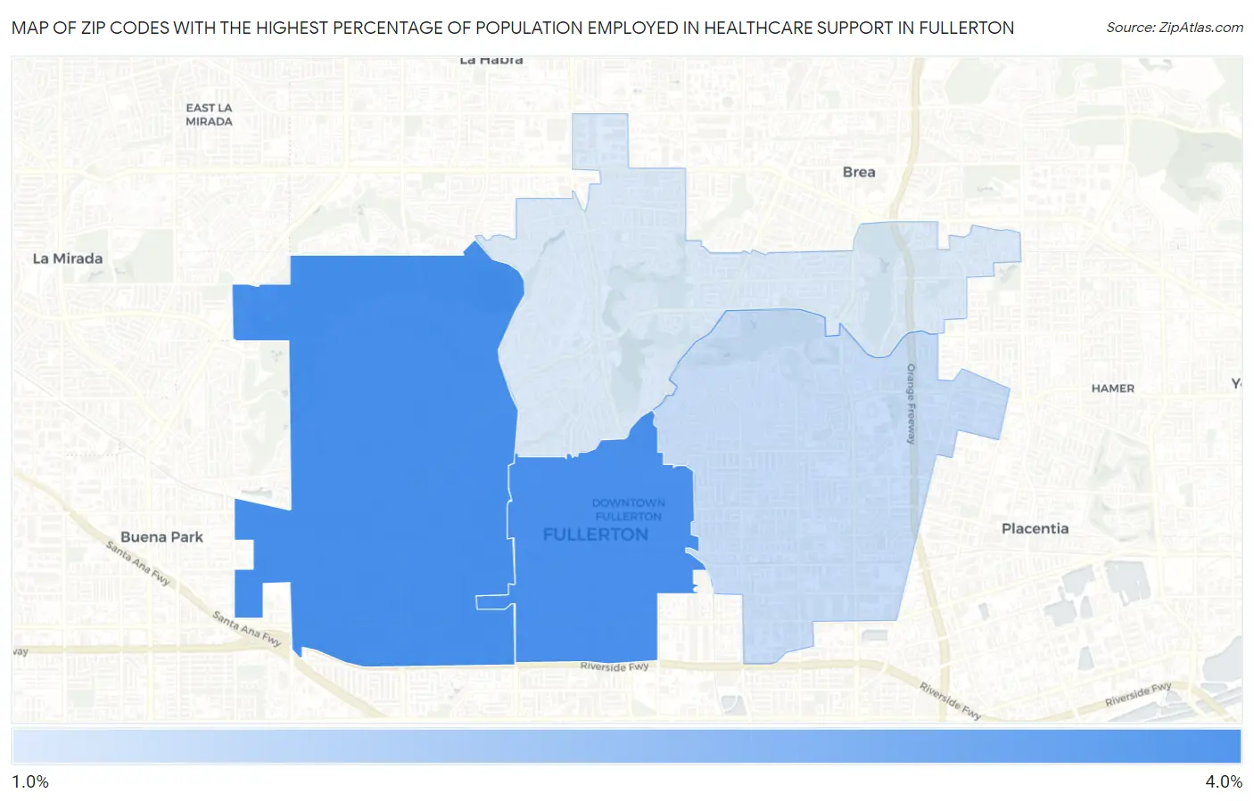 Zip Codes with the Highest Percentage of Population Employed in Healthcare Support in Fullerton Map