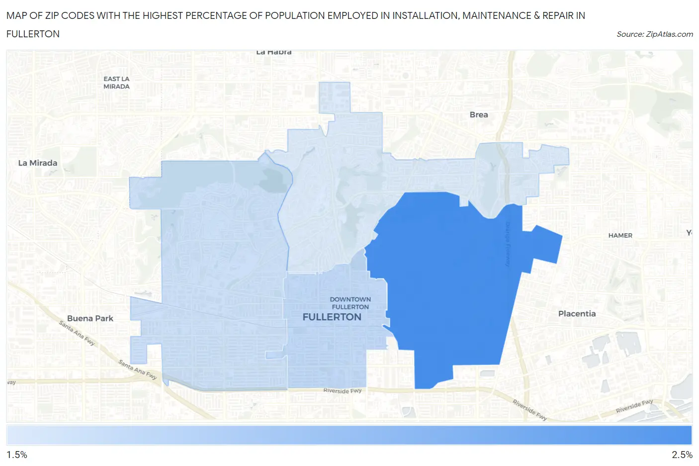 Zip Codes with the Highest Percentage of Population Employed in Installation, Maintenance & Repair in Fullerton Map