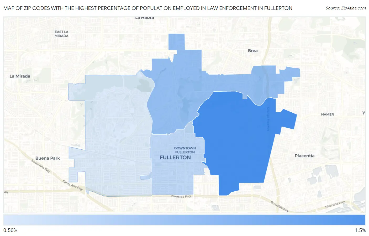 Zip Codes with the Highest Percentage of Population Employed in Law Enforcement in Fullerton Map
