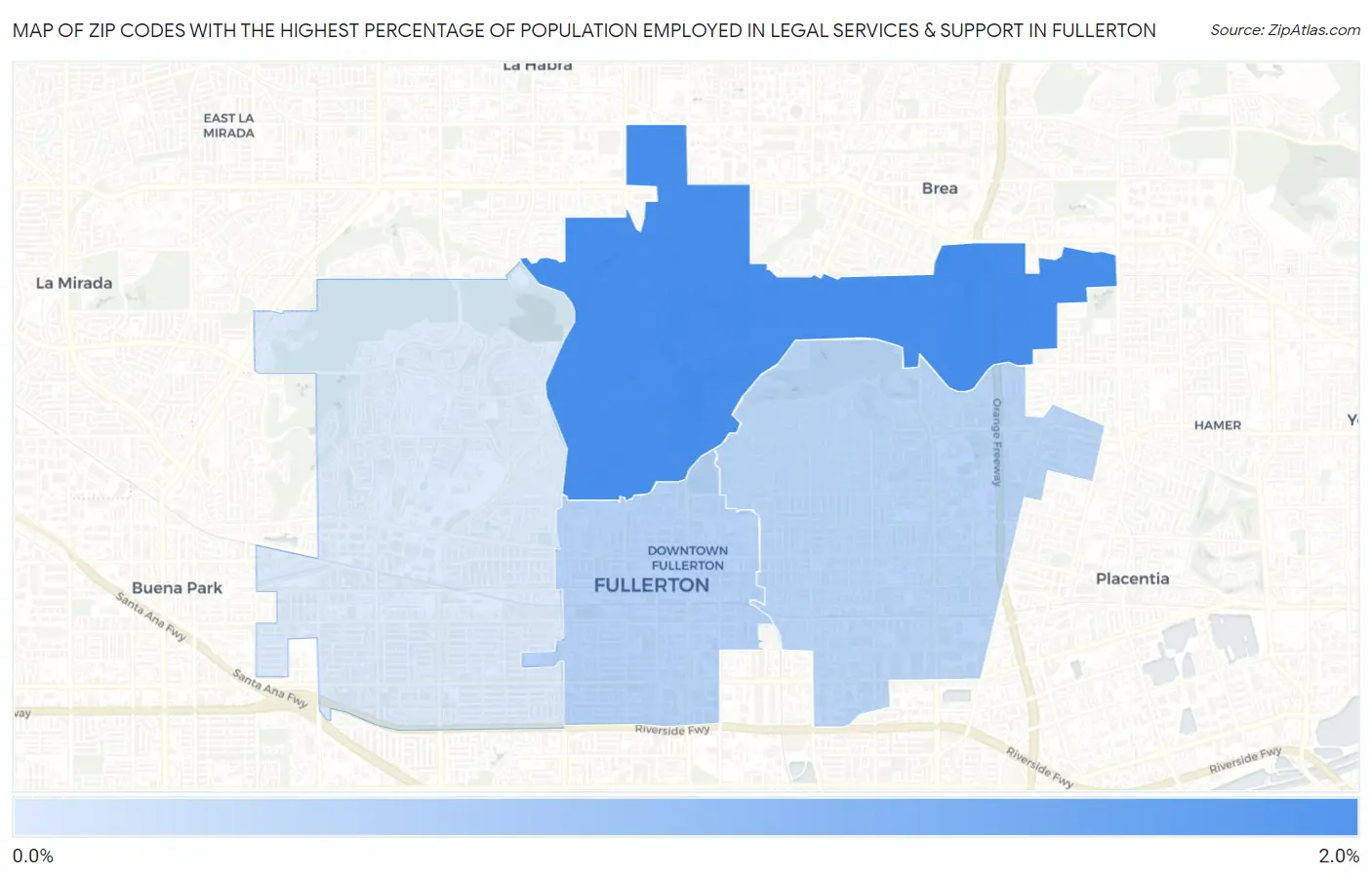 Zip Codes with the Highest Percentage of Population Employed in Legal Services & Support in Fullerton Map