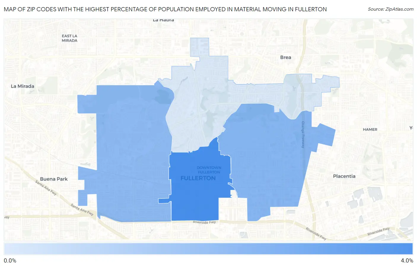 Zip Codes with the Highest Percentage of Population Employed in Material Moving in Fullerton Map