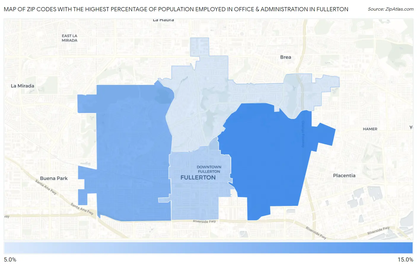 Zip Codes with the Highest Percentage of Population Employed in Office & Administration in Fullerton Map
