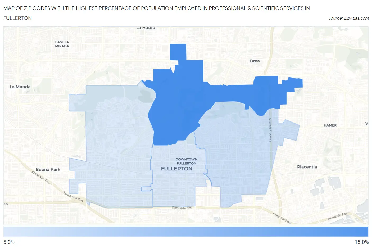 Zip Codes with the Highest Percentage of Population Employed in Professional & Scientific Services in Fullerton Map