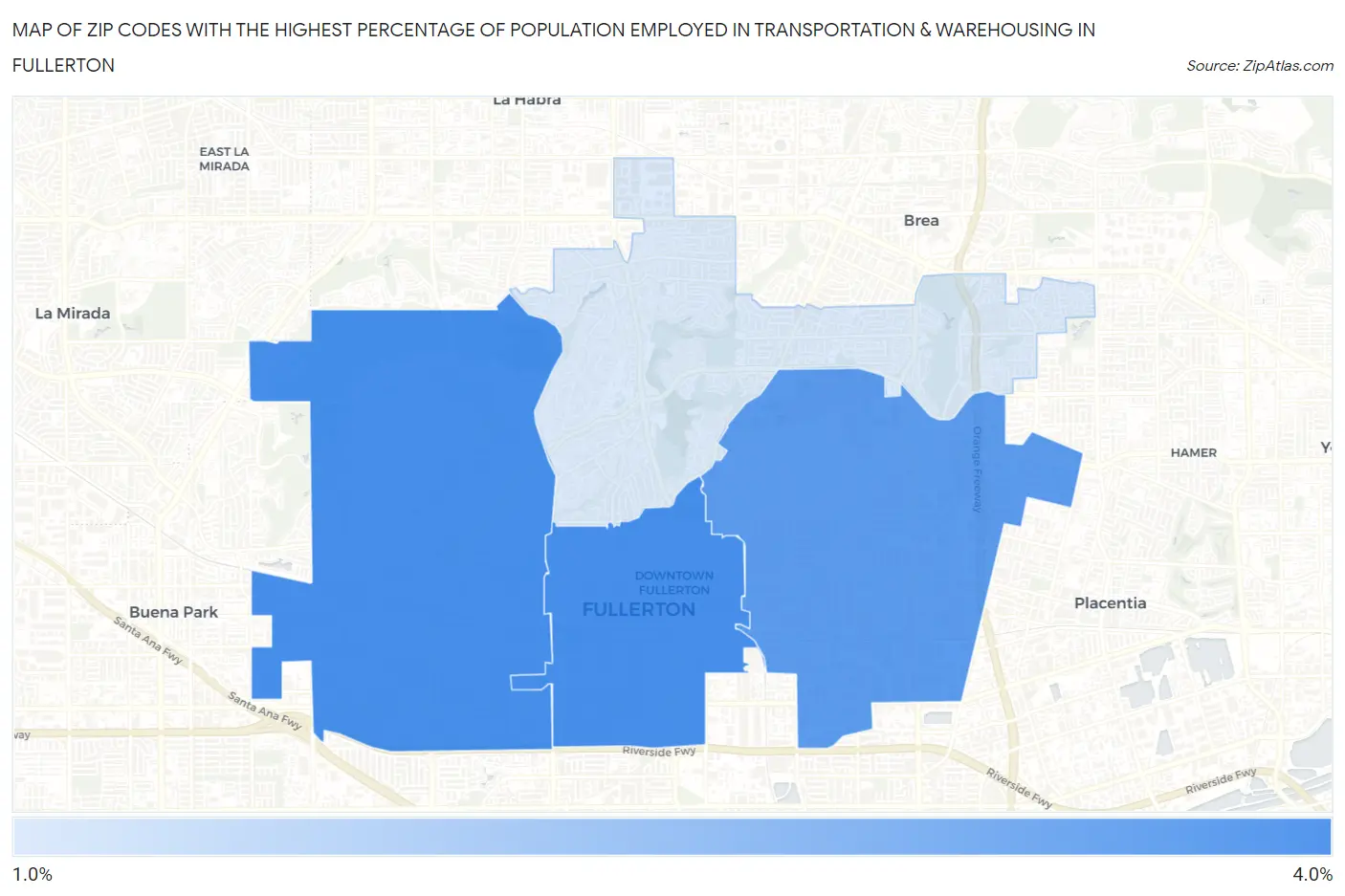 Zip Codes with the Highest Percentage of Population Employed in Transportation & Warehousing in Fullerton Map