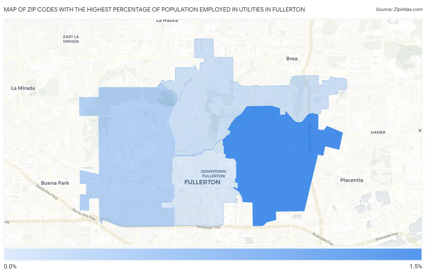 Zip Codes with the Highest Percentage of Population Employed in Utilities in Fullerton Map