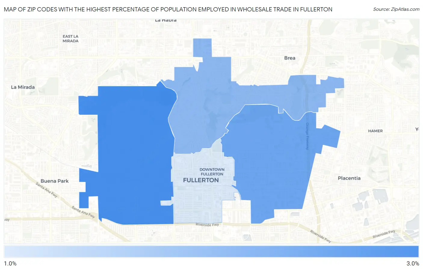 Zip Codes with the Highest Percentage of Population Employed in Wholesale Trade in Fullerton Map