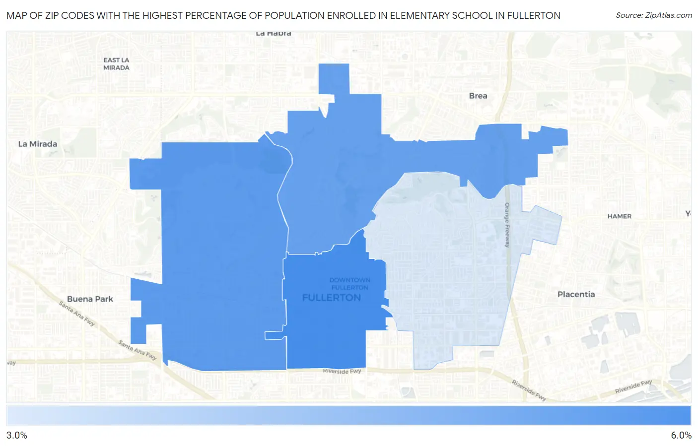 Zip Codes with the Highest Percentage of Population Enrolled in Elementary School in Fullerton Map
