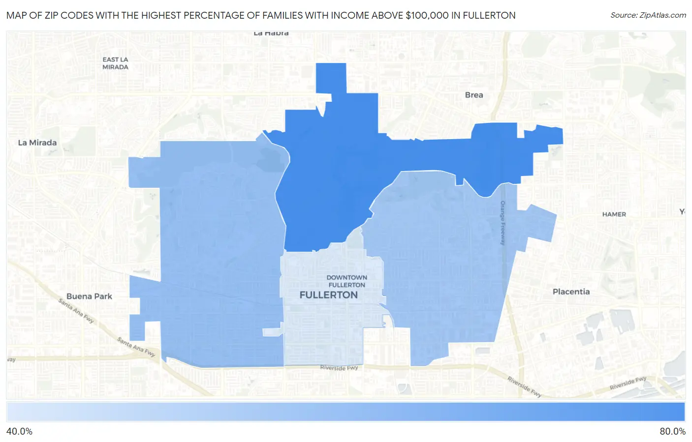 Zip Codes with the Highest Percentage of Families with Income Above $100,000 in Fullerton Map