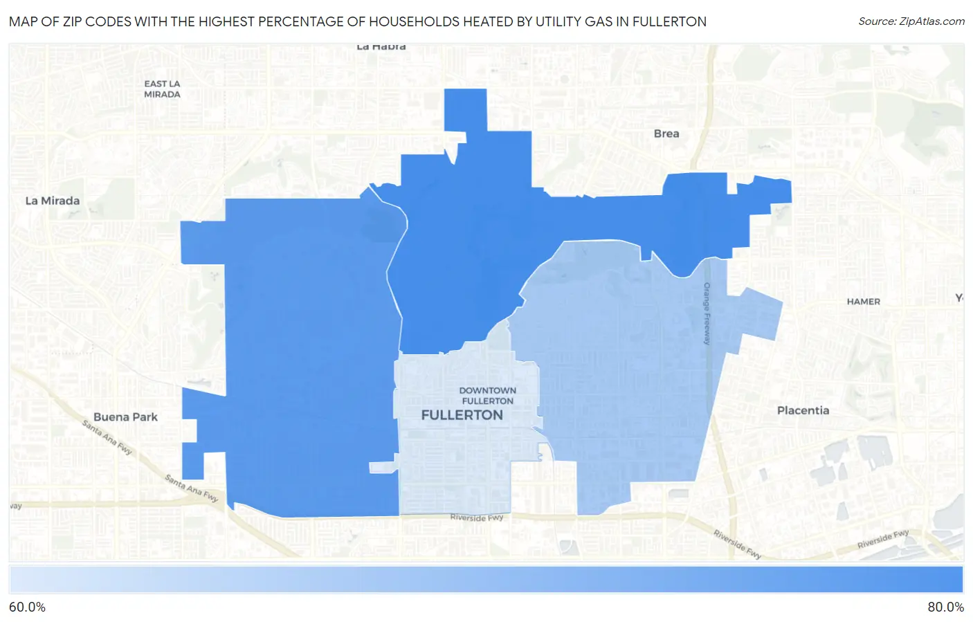 Zip Codes with the Highest Percentage of Households Heated by Utility Gas in Fullerton Map