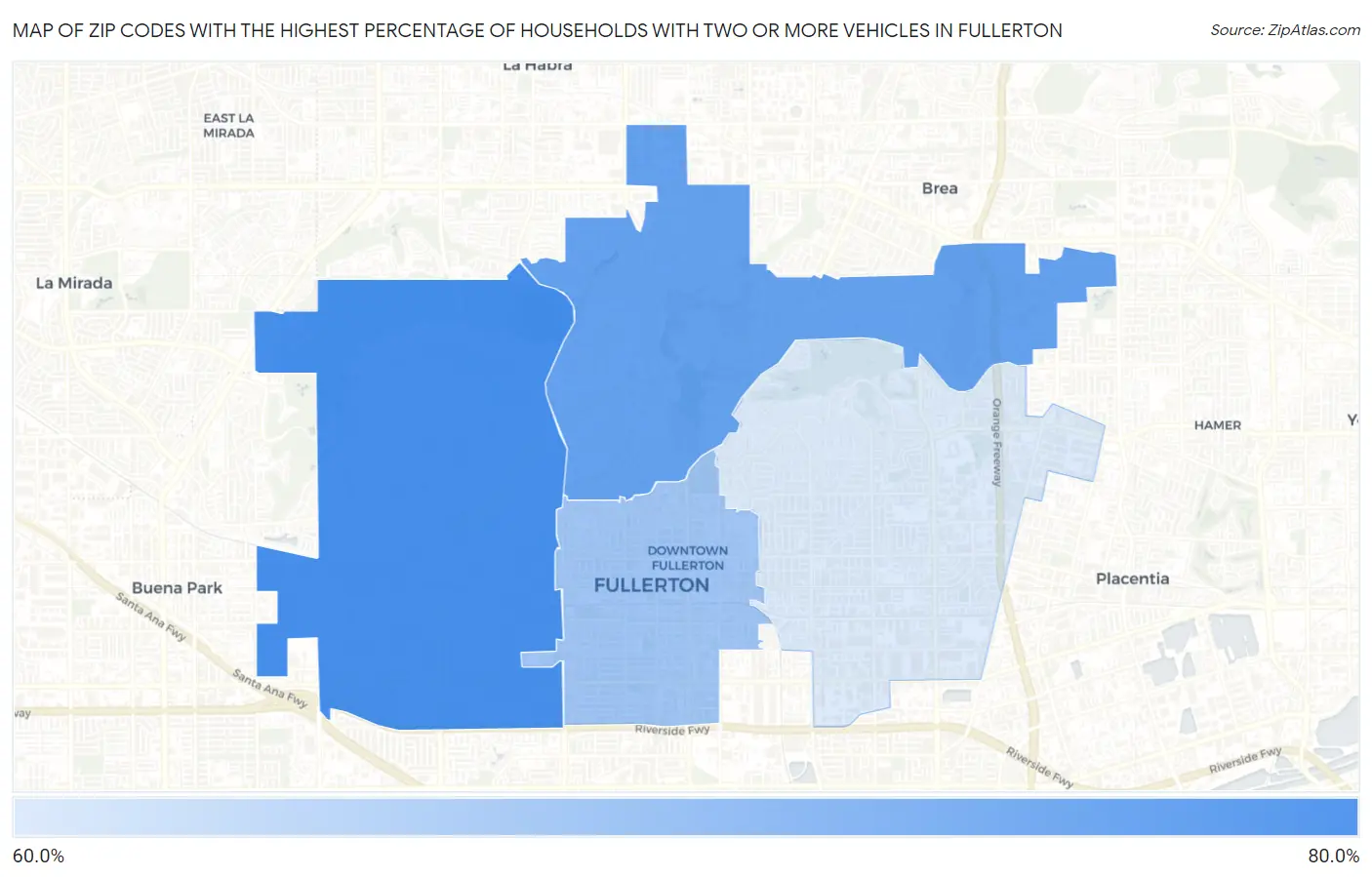 Zip Codes with the Highest Percentage of Households With Two or more Vehicles in Fullerton Map