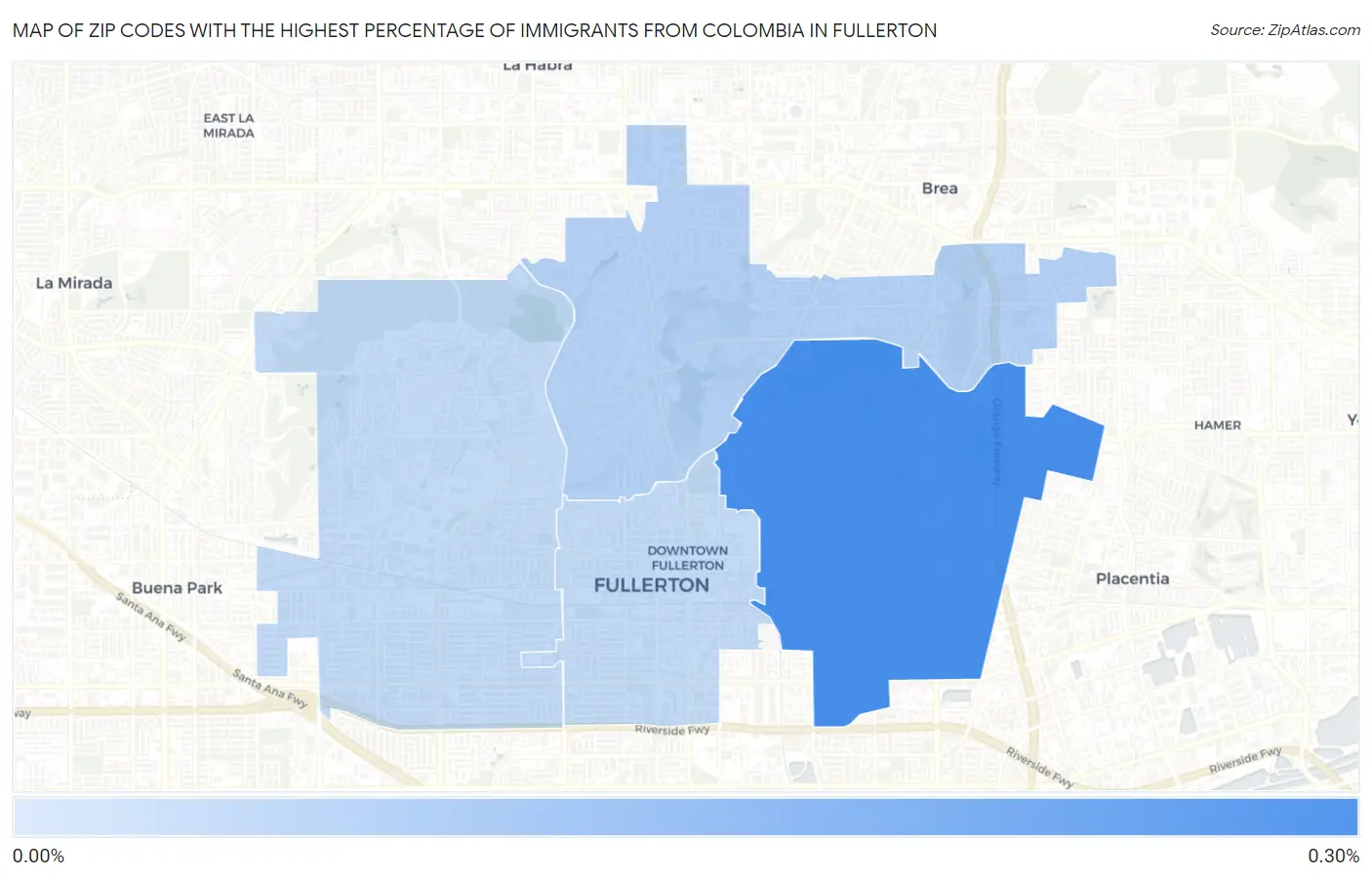 Zip Codes with the Highest Percentage of Immigrants from Colombia in Fullerton Map