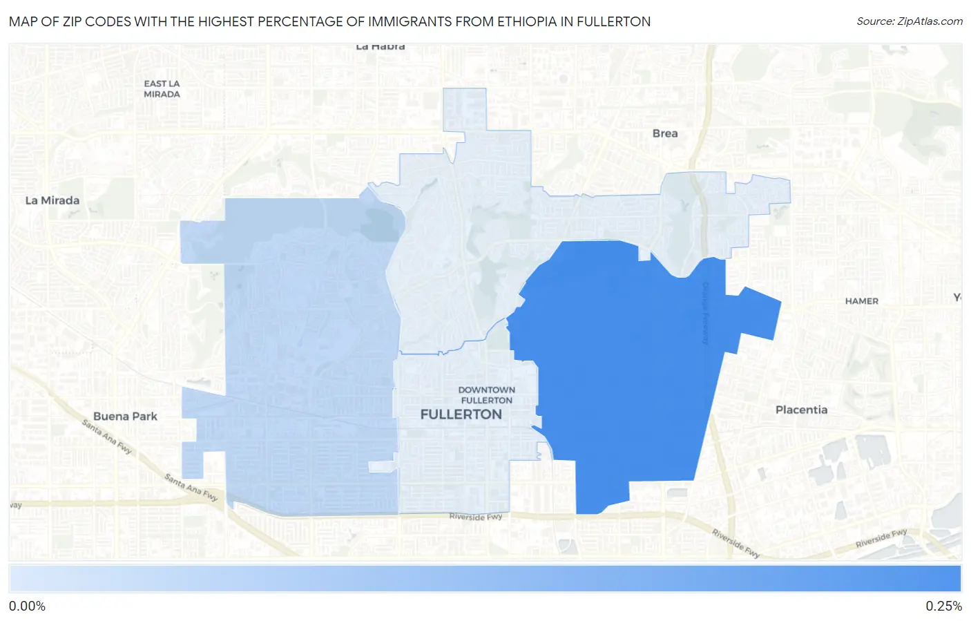 Zip Codes with the Highest Percentage of Immigrants from Ethiopia in Fullerton Map