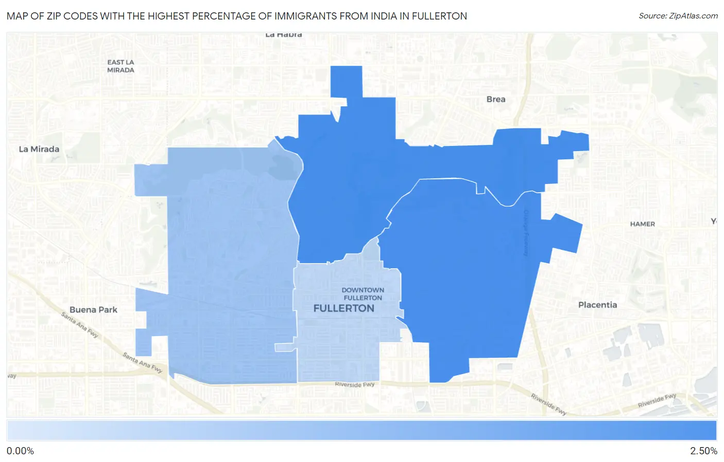 Zip Codes with the Highest Percentage of Immigrants from India in Fullerton Map