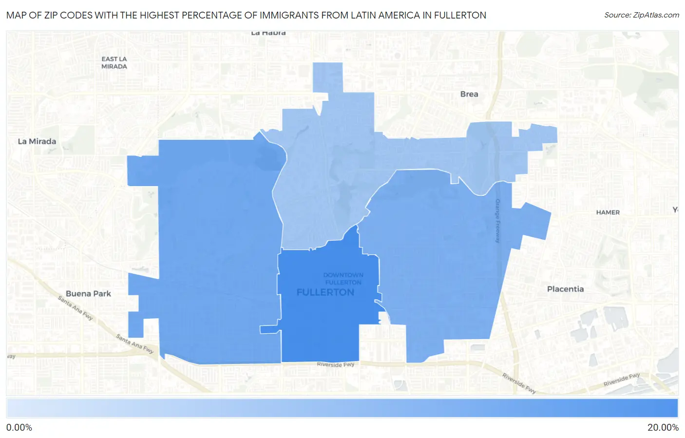 Zip Codes with the Highest Percentage of Immigrants from Latin America in Fullerton Map