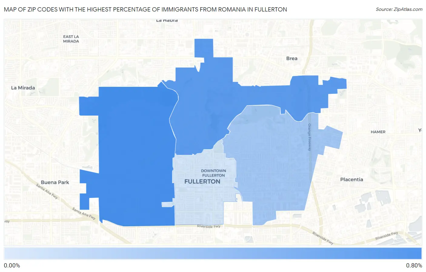 Zip Codes with the Highest Percentage of Immigrants from Romania in Fullerton Map