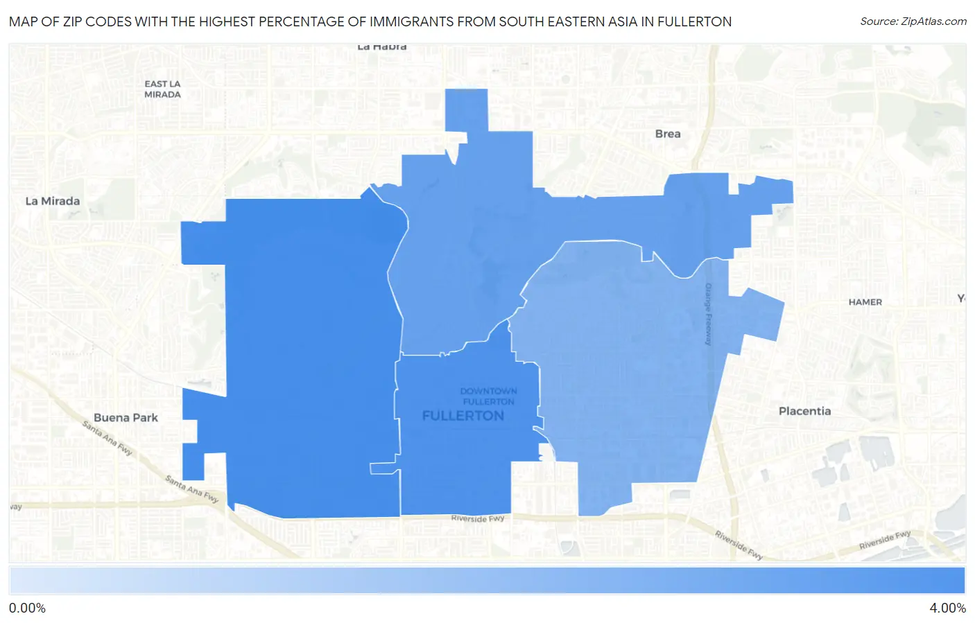 Zip Codes with the Highest Percentage of Immigrants from South Eastern Asia in Fullerton Map