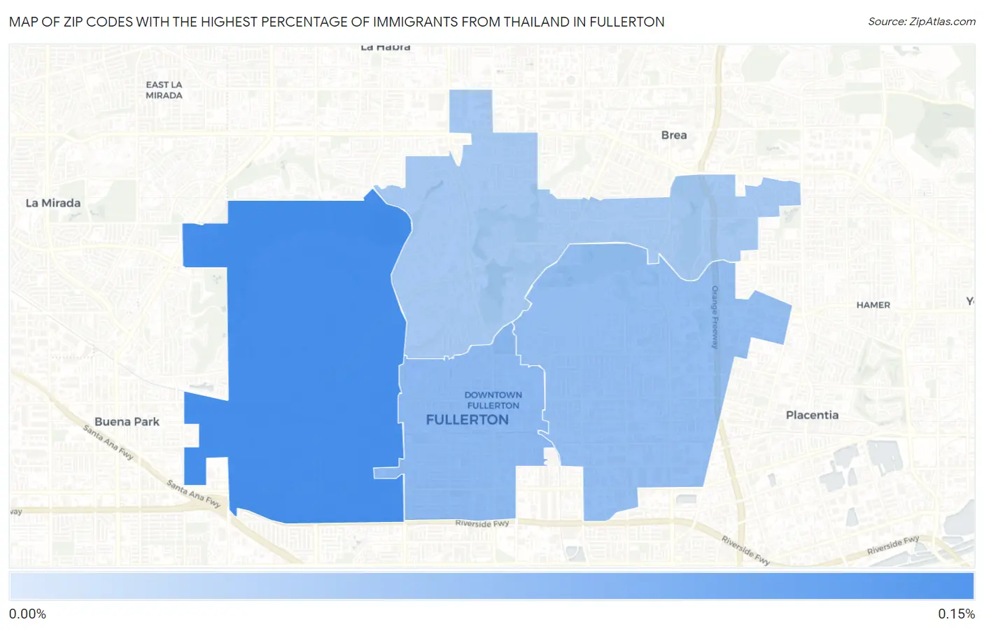 Zip Codes with the Highest Percentage of Immigrants from Thailand in Fullerton Map